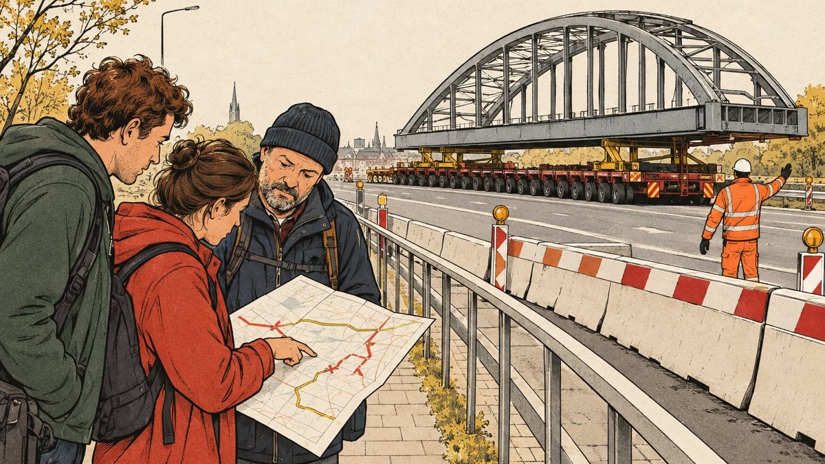 Illustratie van reizigers bij een afgesloten snelweg en een brugtransport; geen foto van de werf in Bertem.