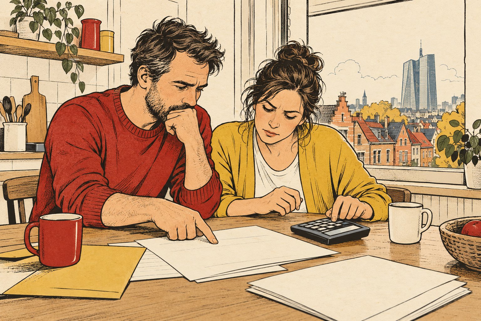 Illustratie: twee mensen vergelijken een kredietaanbod met een rekenmachine