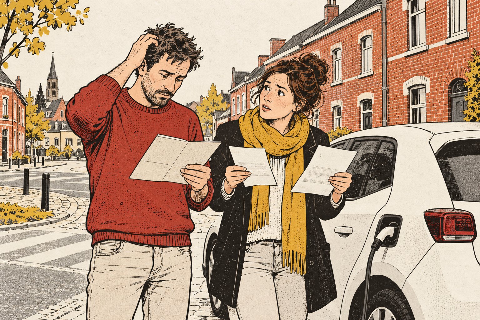 Twee bestuurders vergelijken de verkeersbelasting en het wegenvignet naast een elektrische wagen.