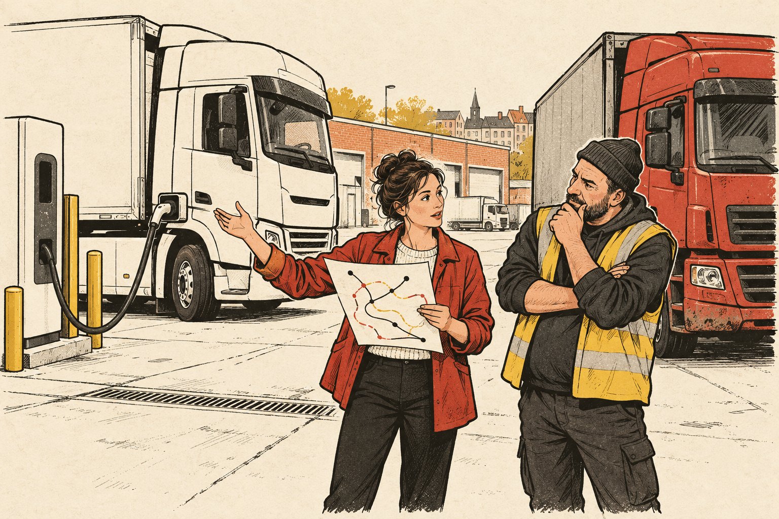Illustratie van transportplanner en chauffeur bij twee vrachtwagens
