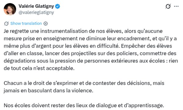 Bericht van minister Valérie Glatigny op X over het leerlingenprotest: leerlingen tegenhouden, projectielen gooien en vernielen is niet aanvaardbaar