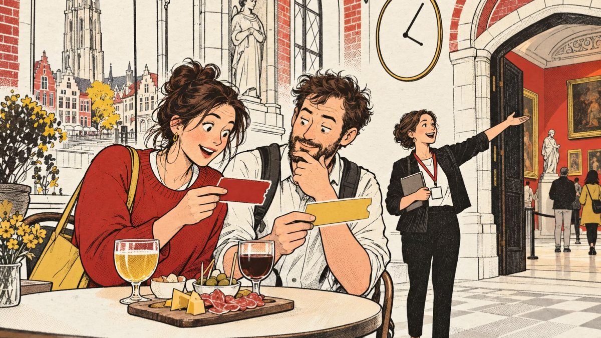 Illustratie van museumbezoekers die toegang, rondleiding en koffiebar apart plannen