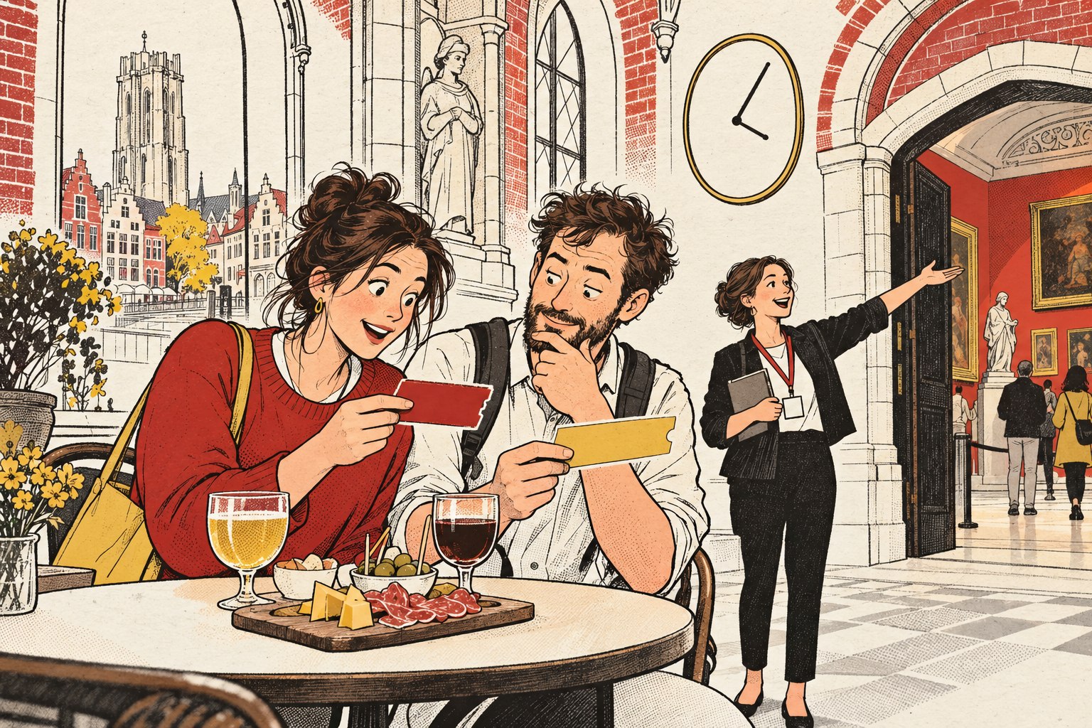 Illustratie van museumbezoekers die toegang, rondleiding en koffiebar apart plannen