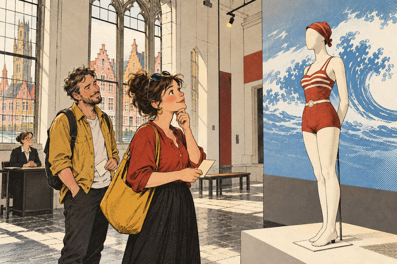 Illustratie: twee bezoekers met ticket bij een badpak en een golf van blauw licht in een Brugse tentoonstellingszaal