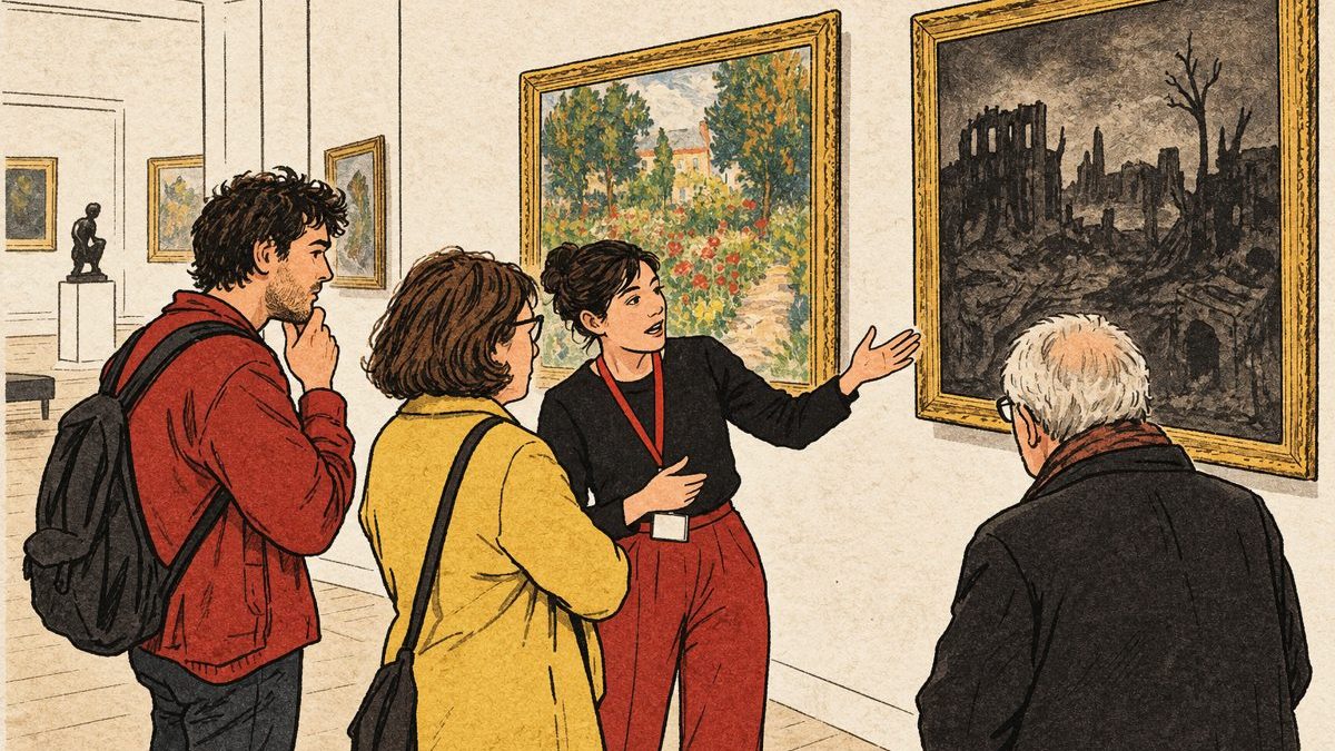 Redactionele illustratie van museumbezoekers die schilderwerk en een oorlogstekening vergelijken; geen foto van de tentoonstelling.