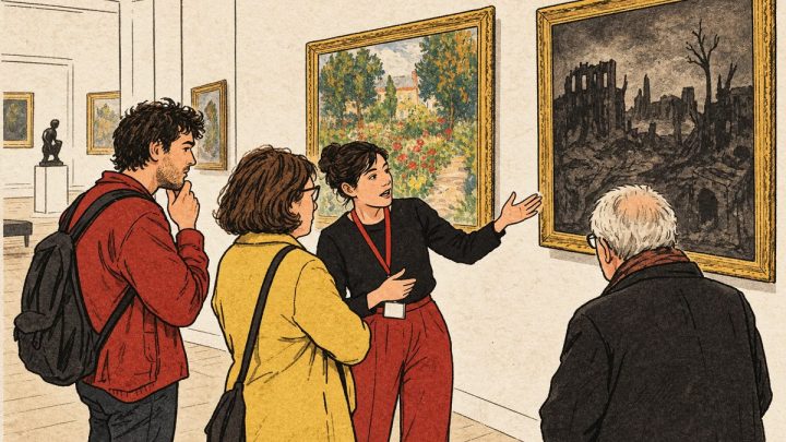 Redactionele illustratie van museumbezoekers die schilderwerk en een oorlogstekening vergelijken; geen foto van de tentoonstelling.