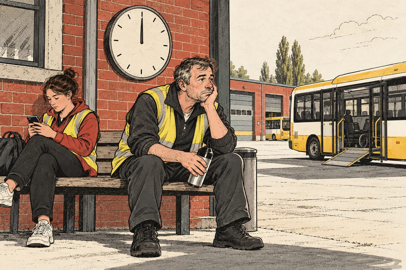 Schoolbuschauffeur en begeleider wachten tussen ochtend- en middagrit op een bank
