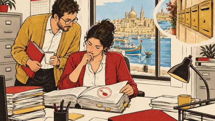 Illustratie: een Belgische belastingambtenaar bladert door een Maltees vennootschapsregister, met een haven op Malta en een wand vol brievenbussen op de achtergrond