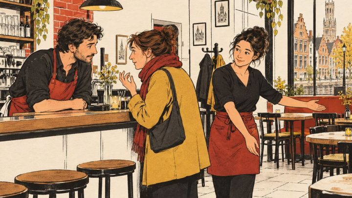 Illustratie van een bezoeker die cafépersoneel om hulp vraagt