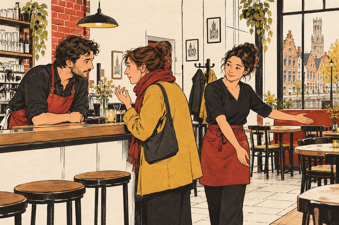 Illustratie van een bezoeker die cafépersoneel om hulp vraagt