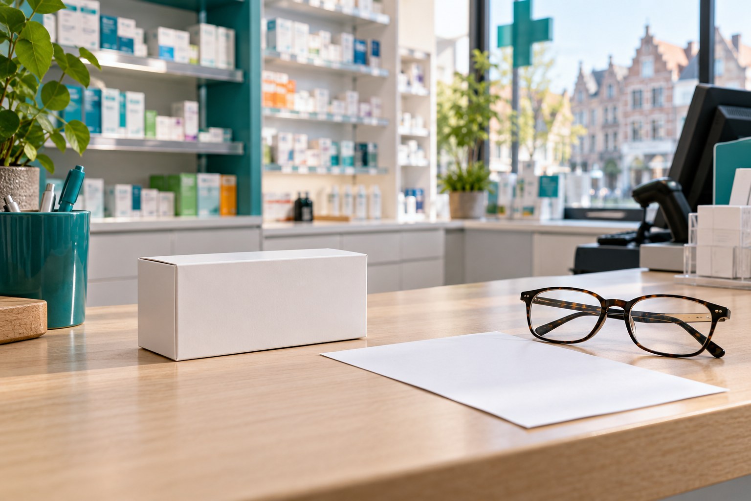 Illustratief beeld van een apotheekbalie met een blanco medicijndoosje en voorschrift