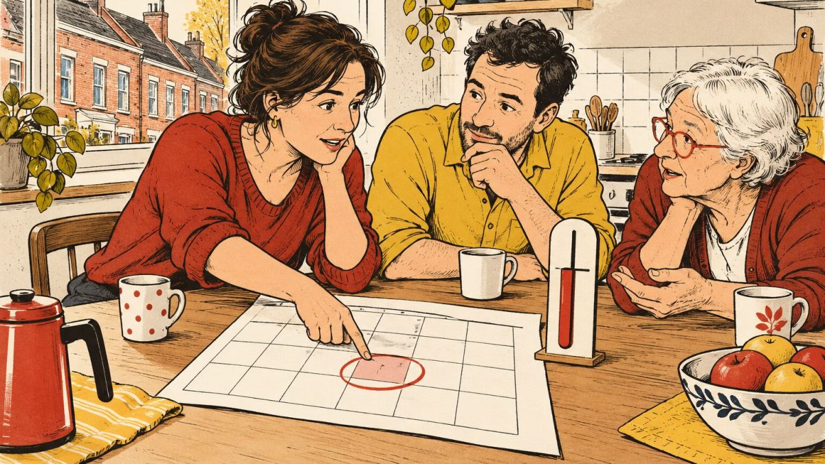 Twee werknemers en een gepensioneerde bekijken aan een keukentafel een kalender waarop november is omcirkeld
