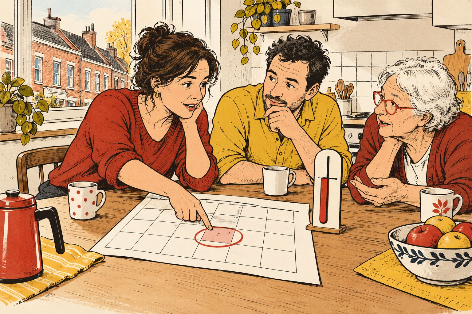Twee werknemers en een gepensioneerde bekijken aan een keukentafel een kalender waarop november is omcirkeld