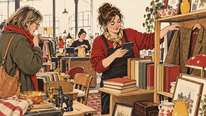 Illustratie van een verkoper met rekenmachine bij tweedehandsspullen