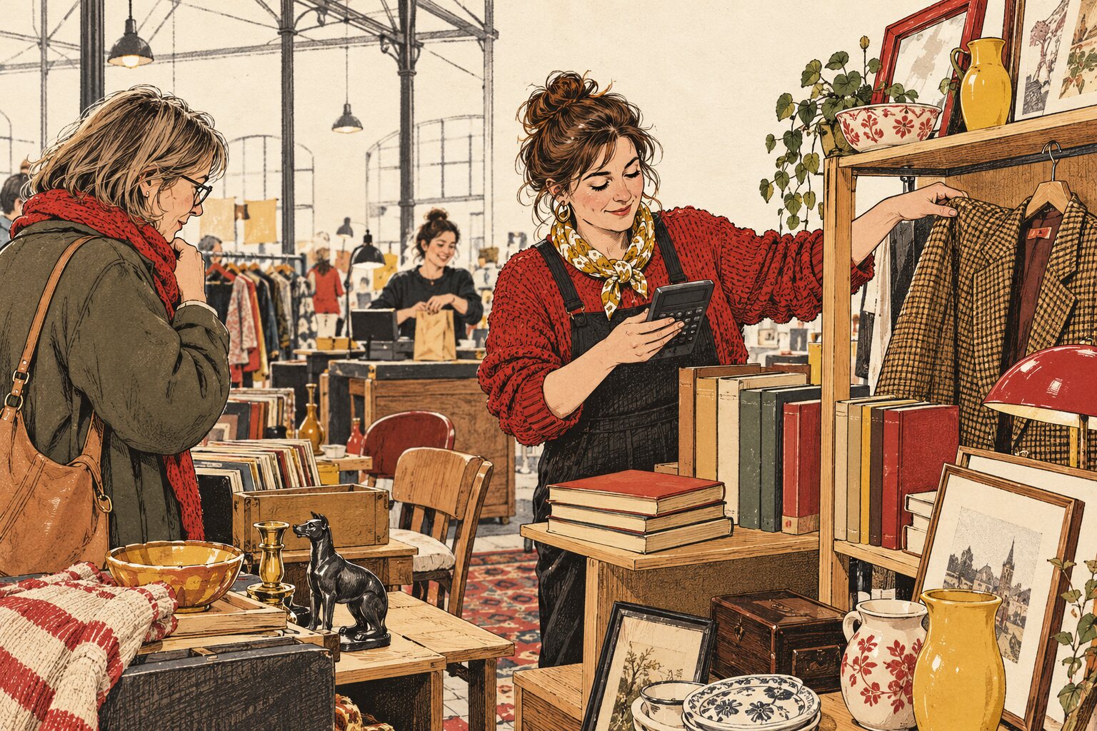 Illustratie van een verkoper met rekenmachine bij tweedehandsspullen