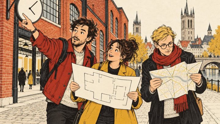 Illustratie van bezoekers met een stadsplan bij een voormalige fabriek in Kortrijk
