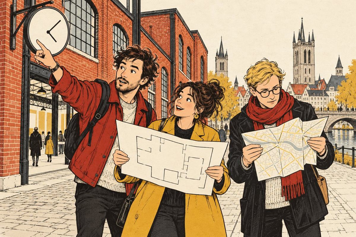 Illustratie van bezoekers met een stadsplan bij een voormalige fabriek in Kortrijk