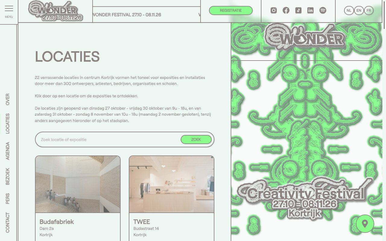 Officiële WONDER-locatiepagina met festivaldata, algemene openingstijden en de locaties Budafabriek en TWEE