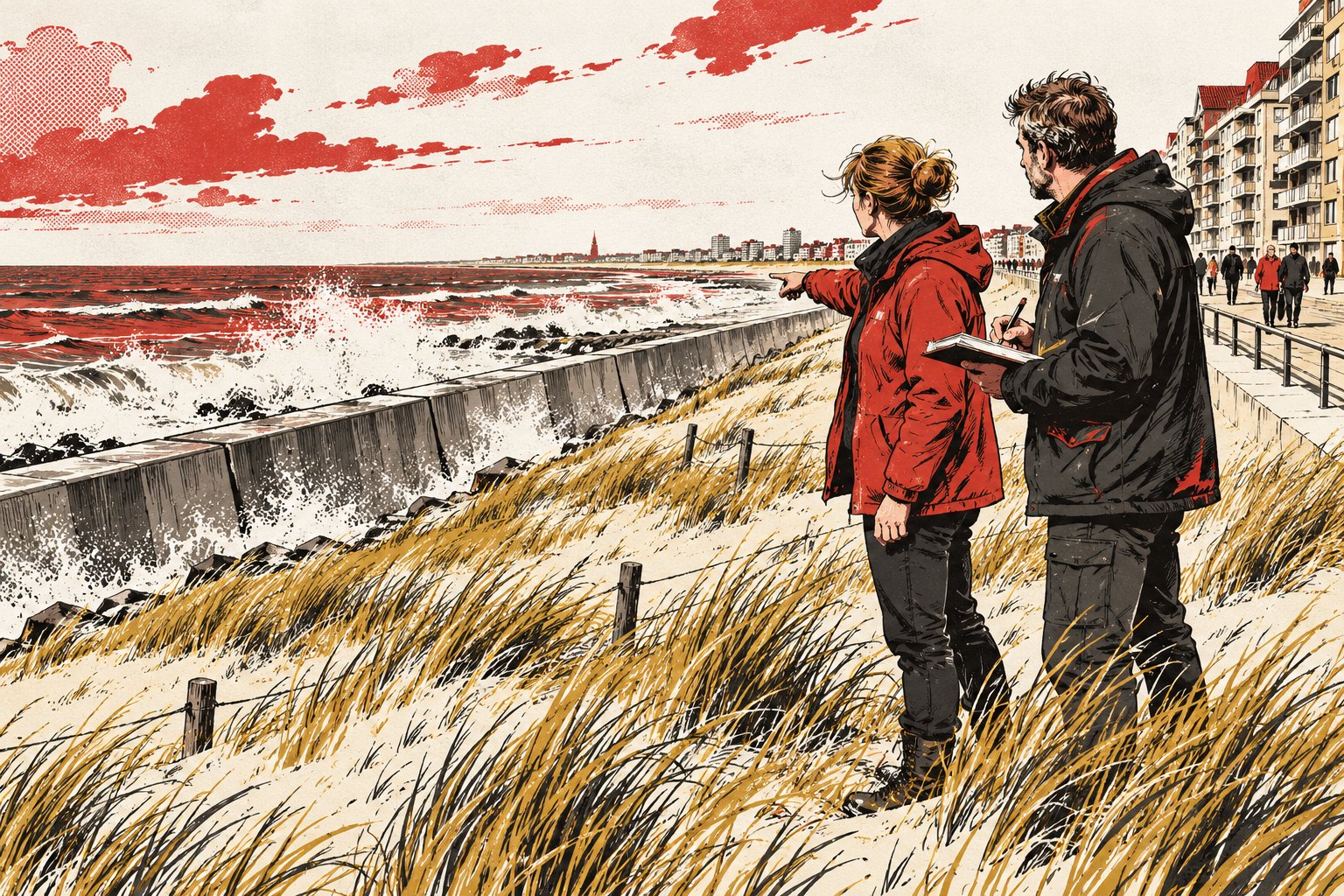 Redactionele illustratie van bewoners bij een dijk met duinen en golven; geen werffoto